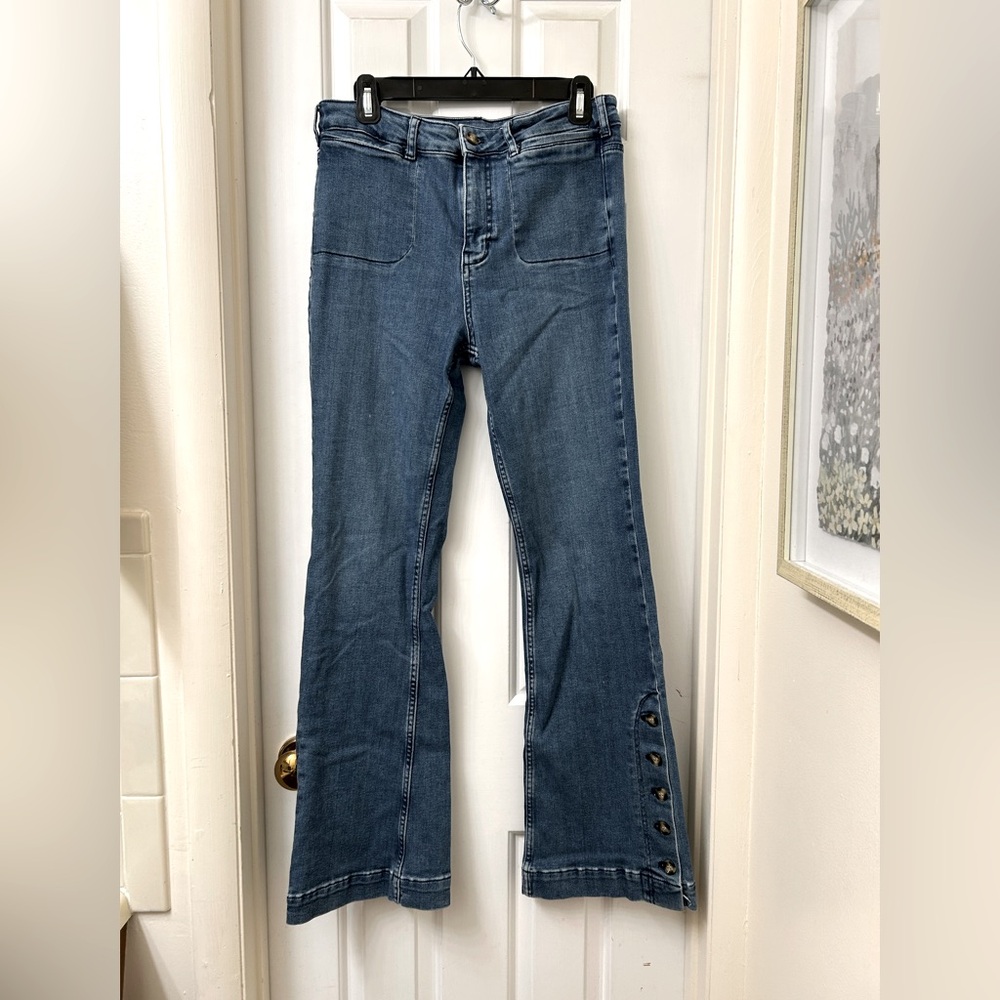 Pilcro and the Letterpress Jeans Womens 29 Blue Flare Button Hem Anthropologie